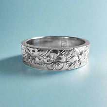 Load image into Gallery viewer, Hibiscus &amp; Plumeria w/ Leaves All Around Flat 6mm Ring in 14K White Gold
