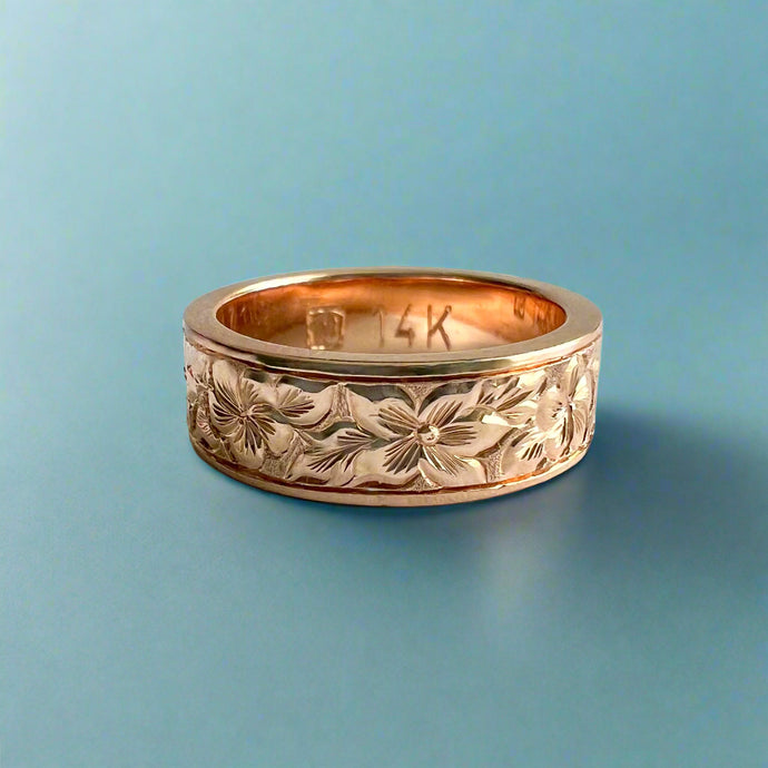 Hibiscus & Plumeria w/ Leaves All Around Flat 6mm Hawaiian Ring in 14K Pink Gold