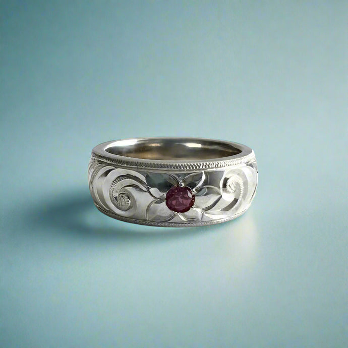 Hibiscus & Old English 6mm Hawaiian Ring with Garnet in 14K White Gold