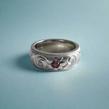 Load image into Gallery viewer, Hibiscus &amp; Old English 6mm Hawaiian Ring with Garnet in 14K White Gold
