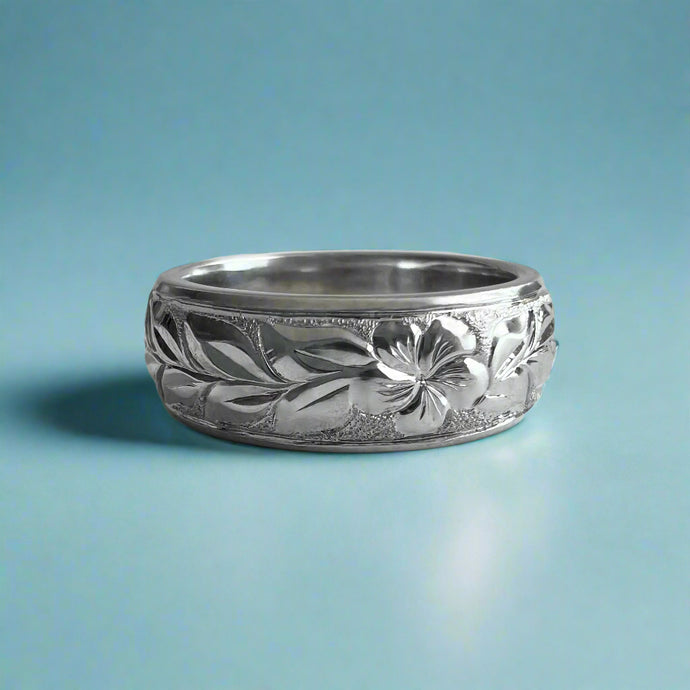 Shiny Maile & Plumeria 6mm Hawaiian Ring in 14K White Gold size 4 1/2