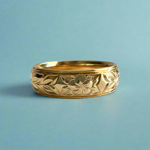 Shiny Maile & Plumeria with leaves 6mm Hawaiian comfort fit Ring in 14K Yellow Gold 
