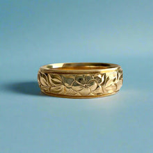 Load image into Gallery viewer, Shiny Maile &amp; Plumeria with leaves 6mm Hawaiian comfort fit Ring in 14K Yellow Gold 
