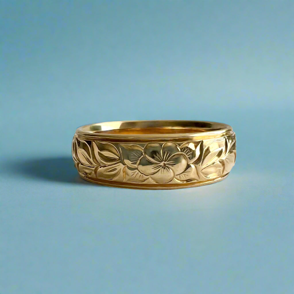 Shiny Maile & Plumeria with leaves 6mm Hawaiian comfort fit Ring in 14K Yellow Gold 
