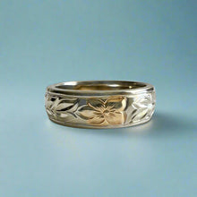 Load image into Gallery viewer, Two-Tone Shiny Maile 6mm Ring with Diamond in 14K White Gold with Yellow Gold Hibiscus in size 7
