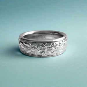 Shiny Maile & Hibiscus with Leaves 6mm Hawaiian Ring in 18K White Gold