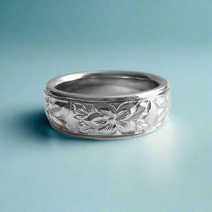 Shiny Maile & Hibiscus with Leaves 6mm Hawaiian Ring in 18K White Gold