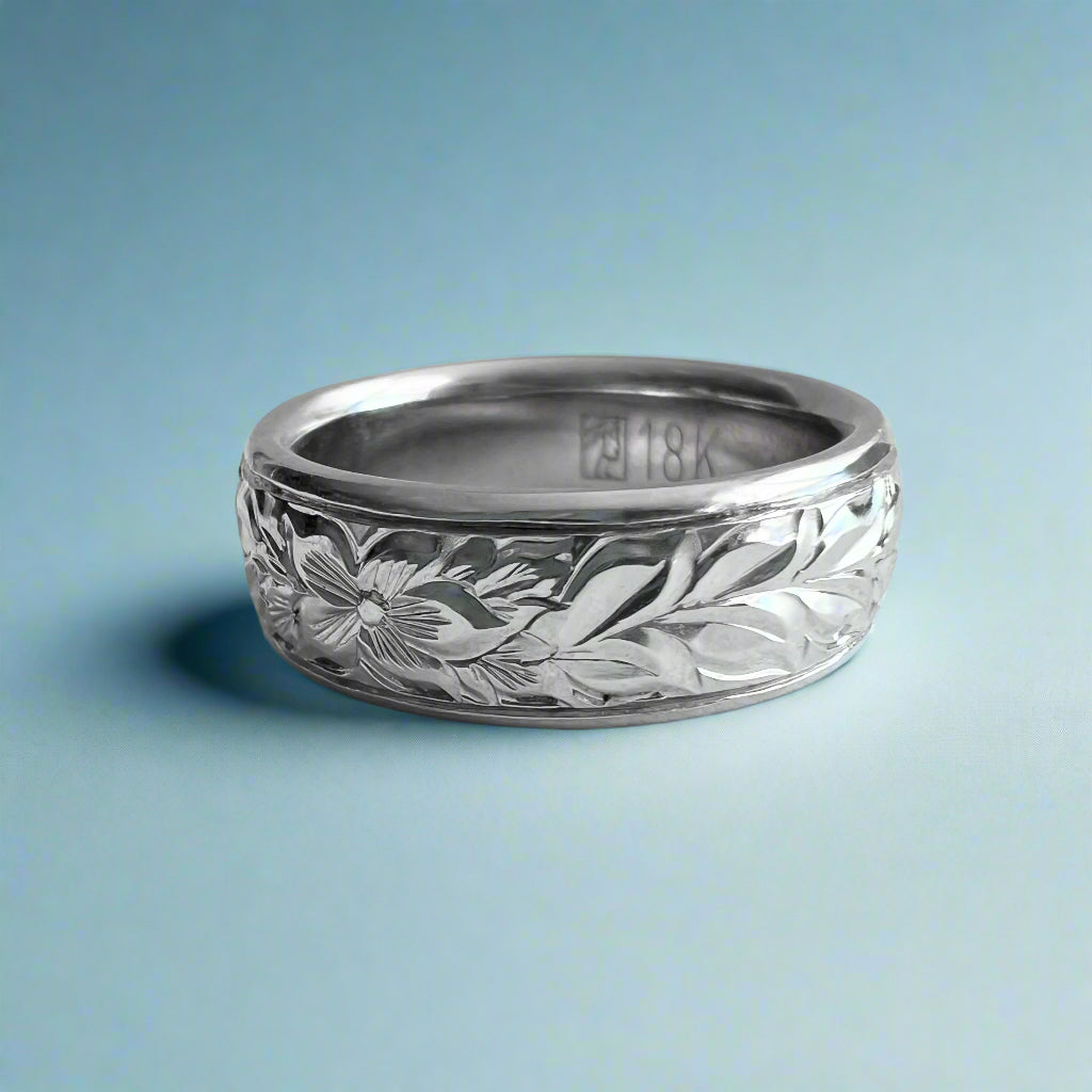 Shiny Maile & Hibiscus with Leaves 6mm Hawaiian Ring in 18K White Gold