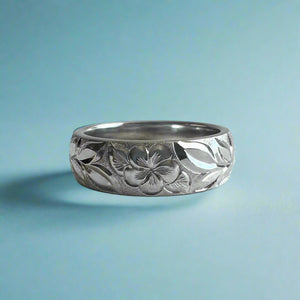 Turtle, Shiny Maile & Plumeria with Leaves 6mm Ring in 14K White Gold