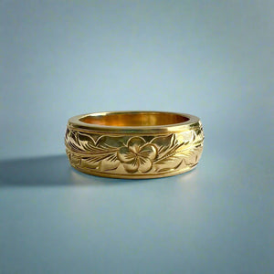 Long Leaf Maile & Plumeria with Leaves 6mm Ring in 18K Yellow Gold