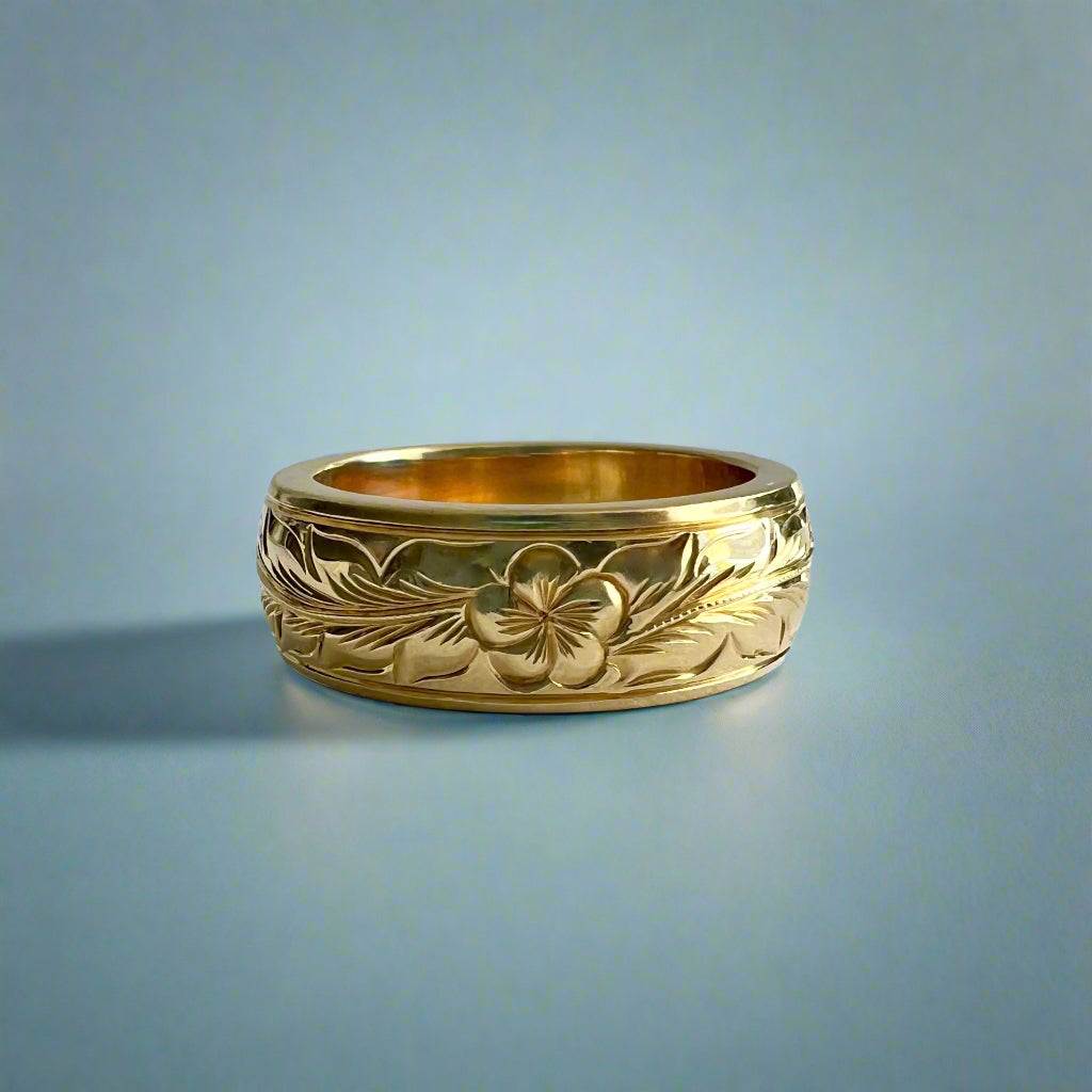 Long Leaf Maile & Plumeria with Leaves 6mm Ring in 18K Yellow Gold