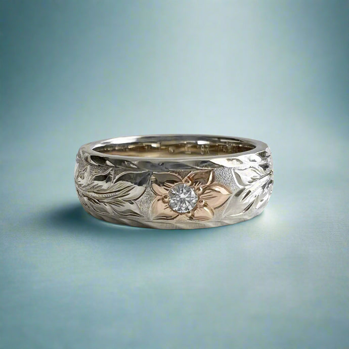 Two-Tone Long Leaf Maile 6mm Ring with Diamond in 18K White Gold with Pink Gold Hibiscus