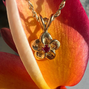  Hawaiian Plumeria Pendant with Ruby in 18K Yellow Gold