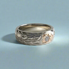 Load image into Gallery viewer, Two-Tone Long Leaf Maile 6mm Ring with Diamond in 18K White Gold with Pink Gold Hibiscus
