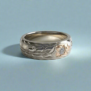 Two-Tone Long Leaf Maile 6mm Ring with Diamond in 18K White Gold with Pink Gold Hibiscus