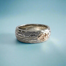 Load image into Gallery viewer, Two-Tone Long Leaf Maile 6mm Ring with Diamond in 18K White Gold with Pink Gold Hibiscus

