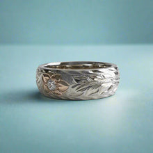 Load image into Gallery viewer, Two-Tone Long Leaf Maile 6mm Ring with Diamond in 18K White Gold with Pink Gold Hibiscus
