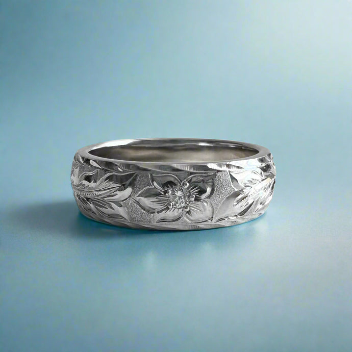 Long Leaf Maile & Hibiscus with Diamond 6mm Ring in 18K White Gold