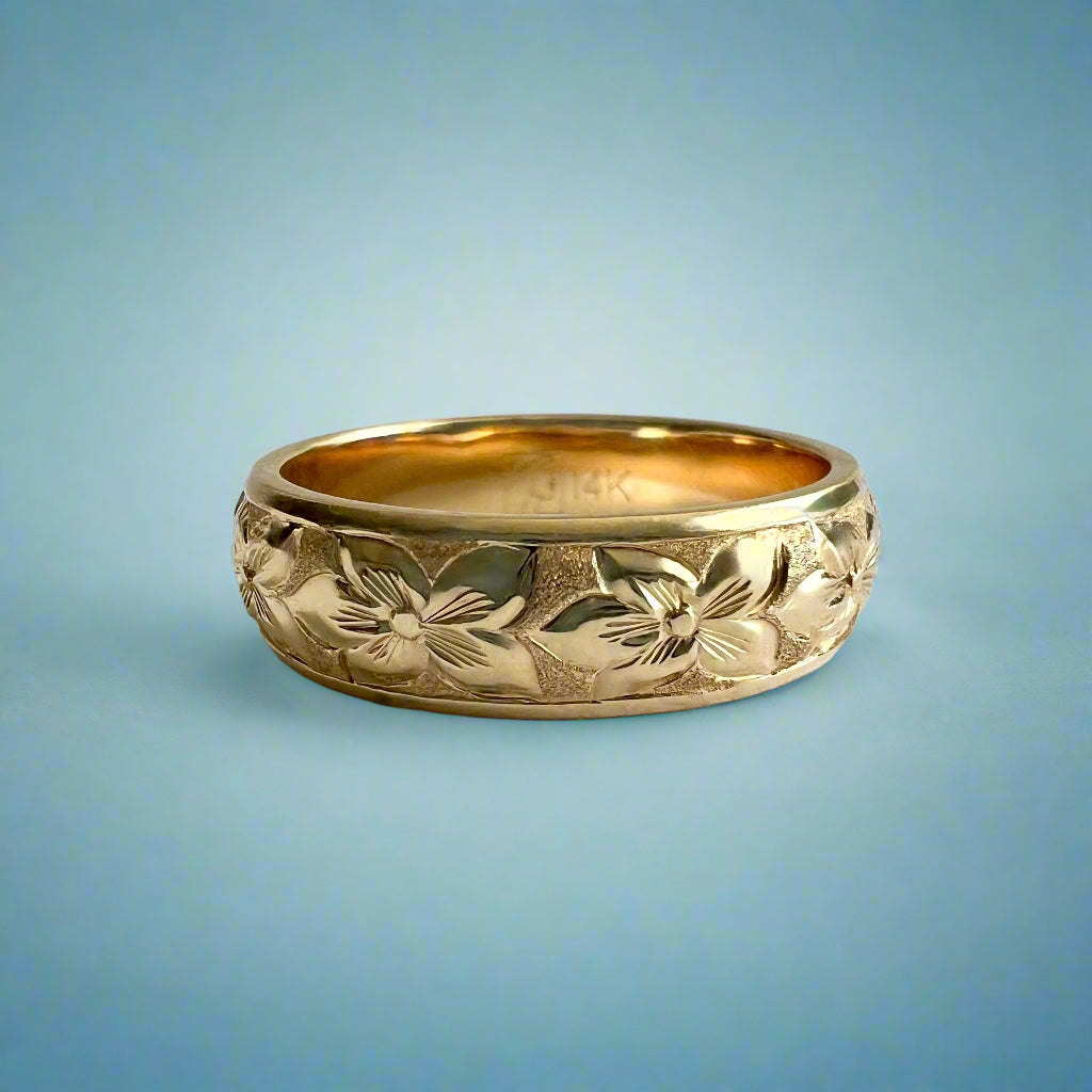 Hibiscus All Around 6mm Hawaiian Ring in 14K Yellow Gold in size 8 1/2
