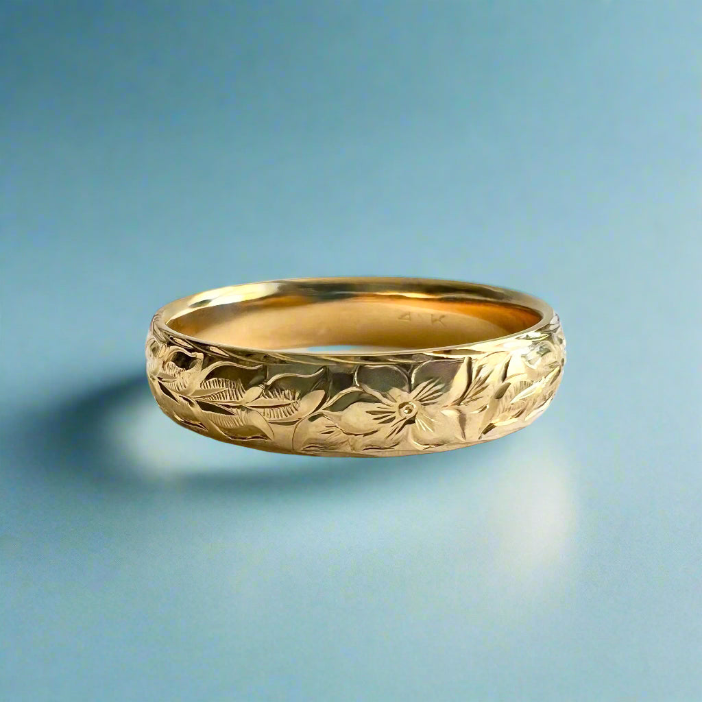 Maile & Hibiscus with leaves 6mm Comfort fit Hawaiian Ring in 14K Yellow Gold in size 14