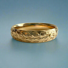 Load image into Gallery viewer, Maile &amp; Hibiscus with leaves 6mm Comfort fit Hawaiian Ring in 14K Yellow Gold in size 14
