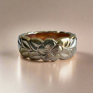 Scalloped Shiny Maile with Plumeria 6mm Ring in 14K Gold