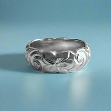 Load image into Gallery viewer, Scalloped Old English &amp; Hibiscus 6mm Ring in 14K White Gold in size 6 1/2
