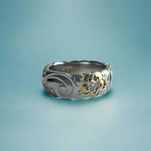 Scalloped Two-Tone Old English & Plumeria 6mm Ring with Diamond in Platinum & 14K Green Gold