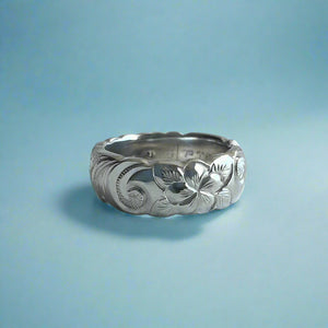 Scalloped Two-Tone Old English & Plumeria 6mm Ring with Diamond in Platinum & 14K Green Gold