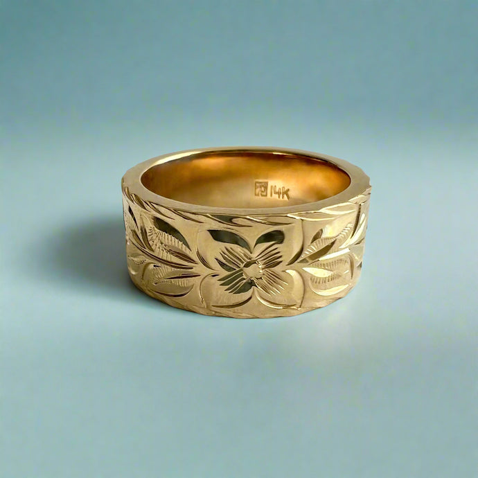Maile & Hibiscus 8mm  Hawaiian Flat Ring in 14K Yellow Gold in size 6 1/8