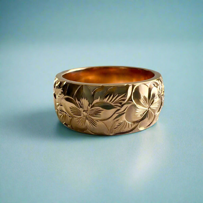 Plumeria & Hibiscus with Leaves 8mm Ring in 18K Pink Gold in size 6 1/8
