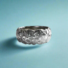 Load image into Gallery viewer, Scalloped Hibiscus w/leaves 8mm &quot;Kuuipo&quot; Ring in 14K White Gold in size 7 1/4
