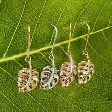 Load image into Gallery viewer, Monstera Leaf Dangle Earrings in 14K Yellow, White, Pink or Green Gold
