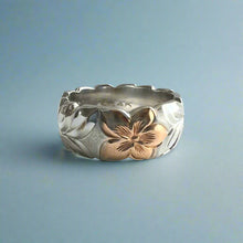 Load image into Gallery viewer, Scalloped Two-Tone Shiny Maile &amp; Hibiscus 8mm Ring in 14K White &amp; Pink Gold
