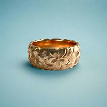 Load image into Gallery viewer, Scalloped Plumeria &amp; Hibiscus with Leaves 8mm Hawaiian Ring in 14K Pink Gold in size 7
