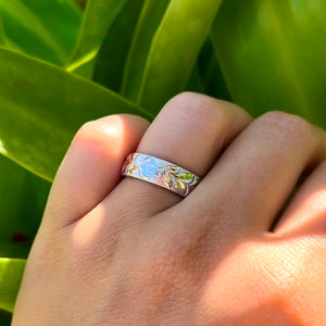 Turtle, Shiny Maile & Plumeria with Leaves 6mm Ring in 14K White Gold