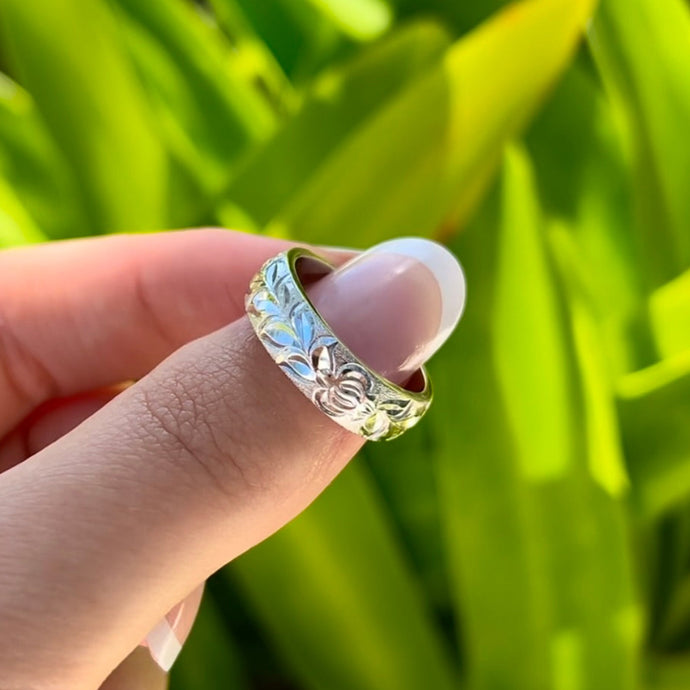 Turtle, Shiny Maile & Plumeria with Leaves 6mm Ring in 14K White Gold