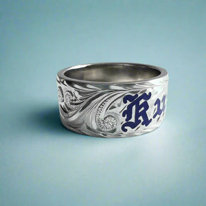 Old English & Hibiscus 10mm "Kuuipo" Hawaiian Flat Ring in 14K White Gold in size 9 1/4
