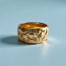 Load image into Gallery viewer, Plumeria with two leaves All Around 10mm Ring in 14K Yellow Gold in size 8 1/2
