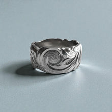 Load image into Gallery viewer, Scalloped Old English &amp; Hibiscus 10mm Ring in 14K White Gold in size 8

