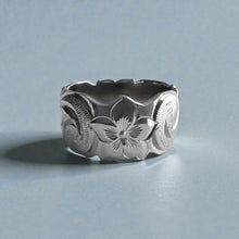 Load image into Gallery viewer, Scalloped Old English &amp; Hibiscus 12mm Ring in 14K White Gold in size 11 1/2
