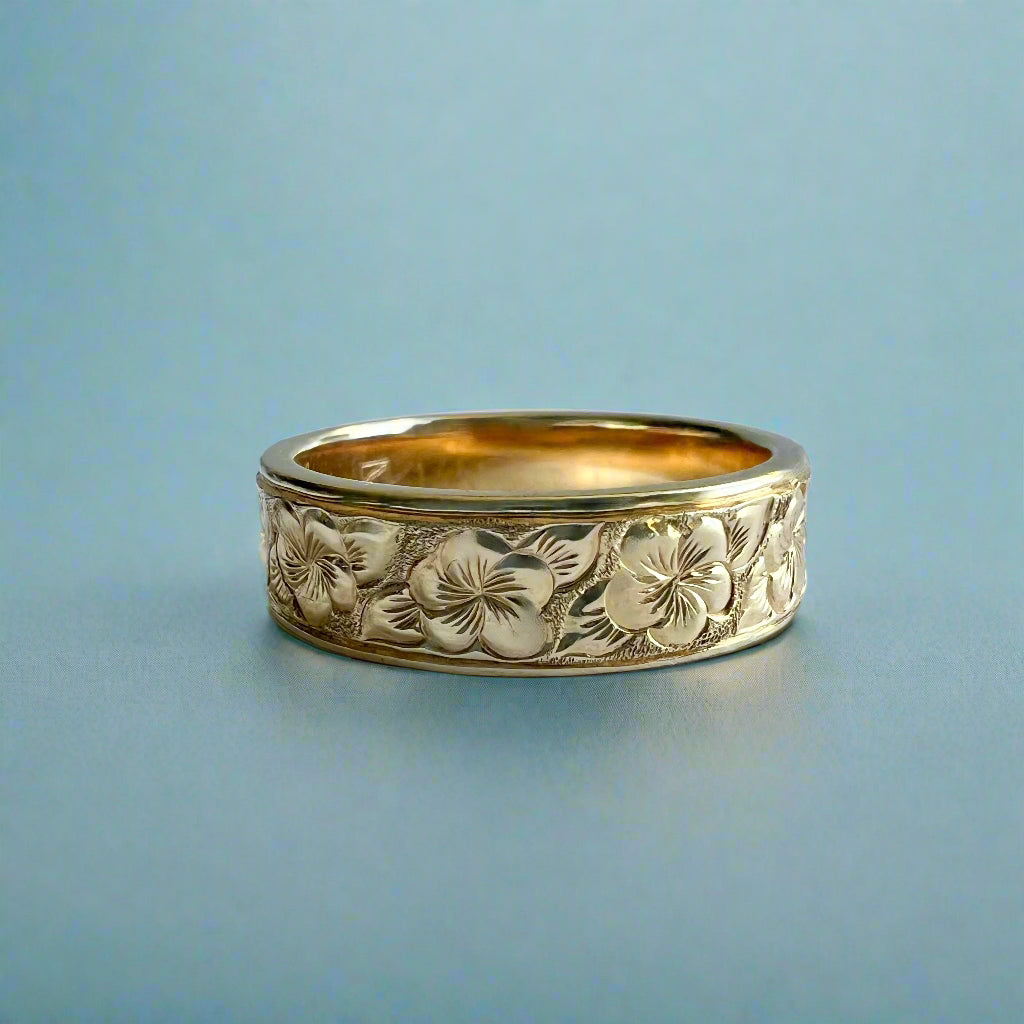 Concave Plumeria with Leaves All Around 6mm Ring in 14K Yellow Gold in size 8 1/4