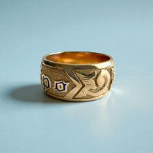 Load image into Gallery viewer, Raised Old English &amp; Plumeria 10mm Enamel &quot;Kuuipo&quot; Ring in 14K Yellow Gold
