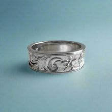 Load image into Gallery viewer, Concave Old English &amp; Hibiscus 6mm Ring in 14K White Gold in size 5
