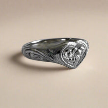 Load image into Gallery viewer, Heart Ring w/ Old English &amp; Flower in 14K White or Green Gold
