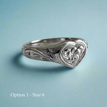 Load image into Gallery viewer, Hawaiian Heart Ring with Old English &amp; Flower engraving
