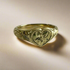 Heart Ring w/ Old English & Flower in 14K White or Green Gold