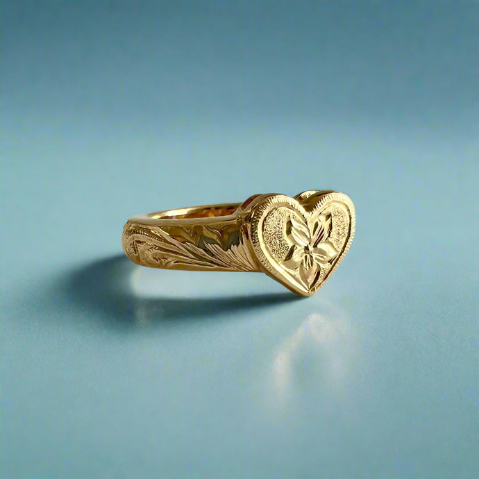 Hibiscus & Old English Valentine Heart Ring in 14K Yellow Gold