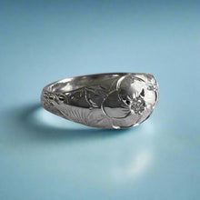 Load image into Gallery viewer, Hawaiian Dome Ring with Plumeria, Diamond &amp; Old English in 14K White Gold
