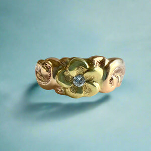 Two-tone Something Romantic Hawaiian Flower Ring with Diamond in 14K Green & Pink Gold
